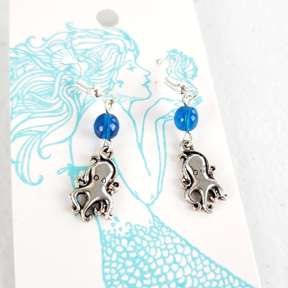 6/$20 Caribbean Blue Czech Glass Octopus Earrings